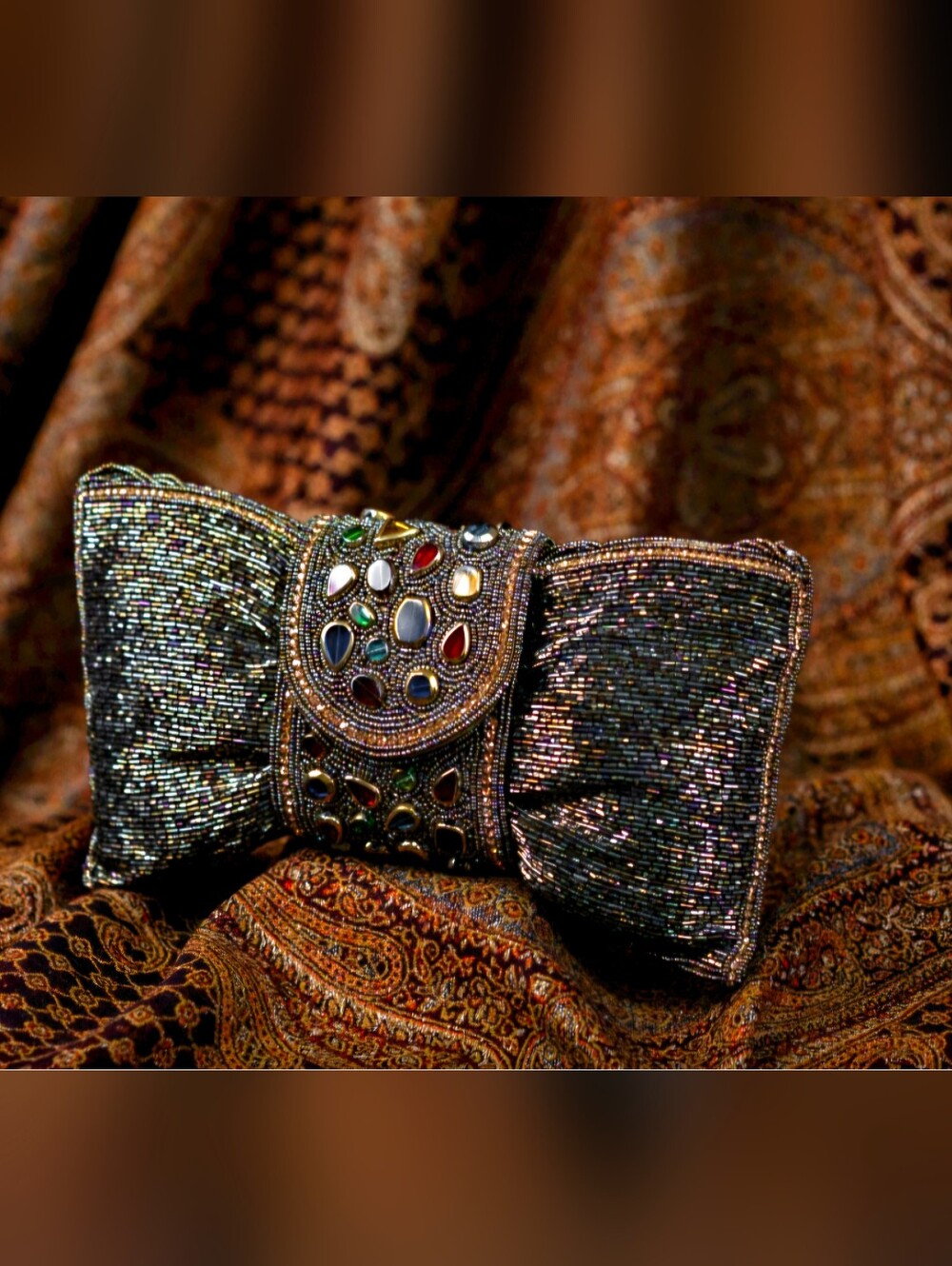 Embellished Metallic Bow Evening Clutch - Dark SilverCharcoal Tone